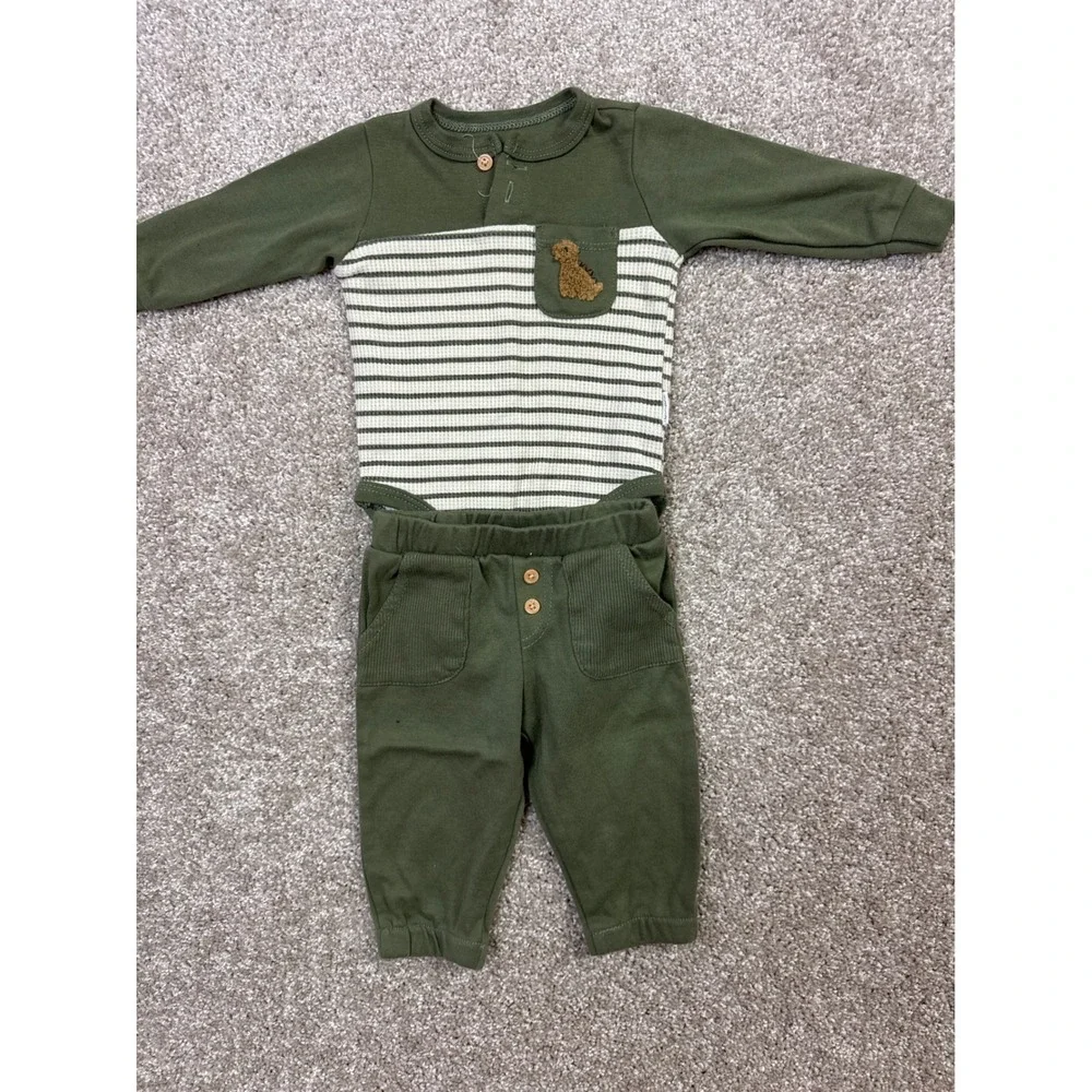 Olive Green Striped Dinosaur Bodysuit and Jogger Pants Set Baby Boys 2-Piece